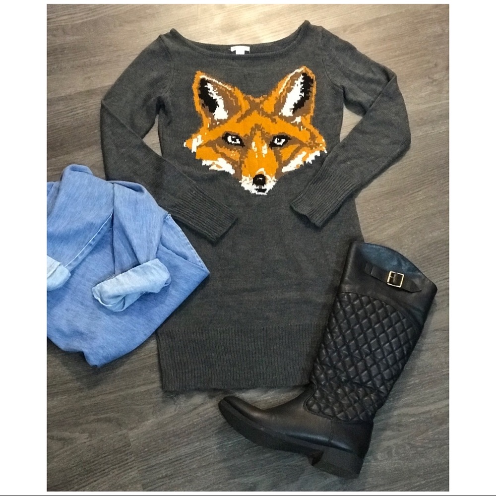 Grey sweater dress with fox design vintage look